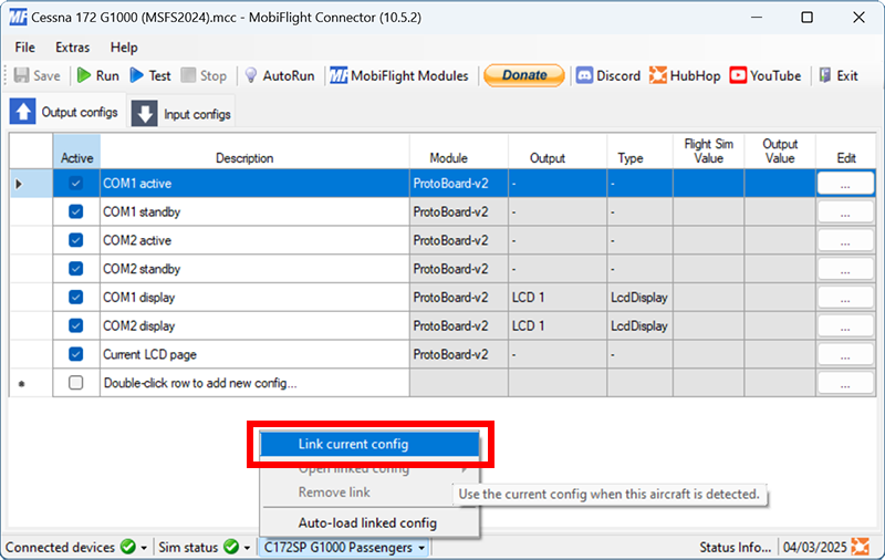 Screenshot of the main MobiFlight window with the aircraft menu open and the Link current config menu item highlighted.